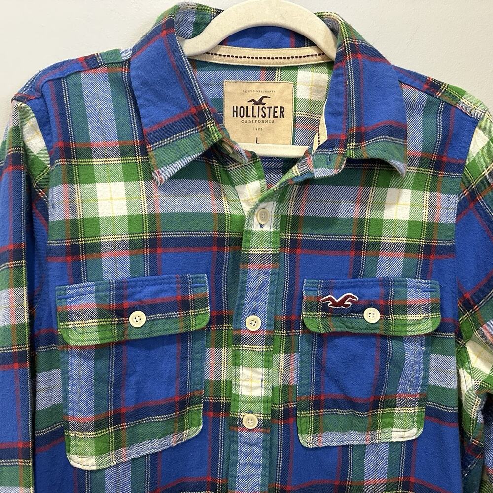 Vintage Hollister Y2K Blue Green‎ Plaid Button Down Flannel Shirt Mens Large
